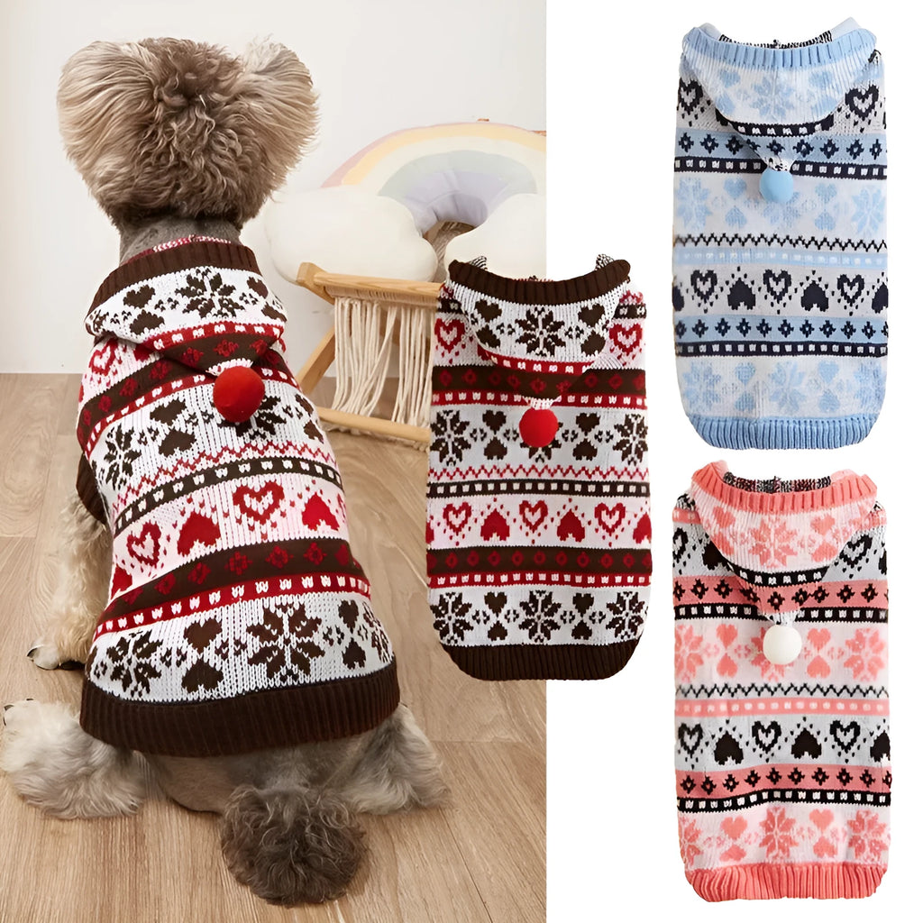Acrylic knitted dog sweater with striped camouflage pattern and snowflake designs in pink, blue, or grey