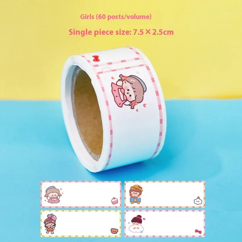 Roll of cartoon name tape stickers showing Dinosaur, Astronaut, Rabbit, and Girl design options.