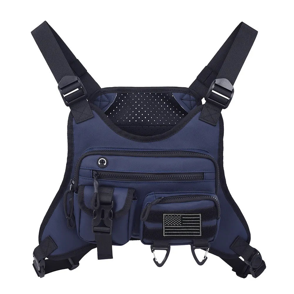 Men's oxford cloth chest bag in black, shown in a vest-style design for outdoor sports and daily wear.