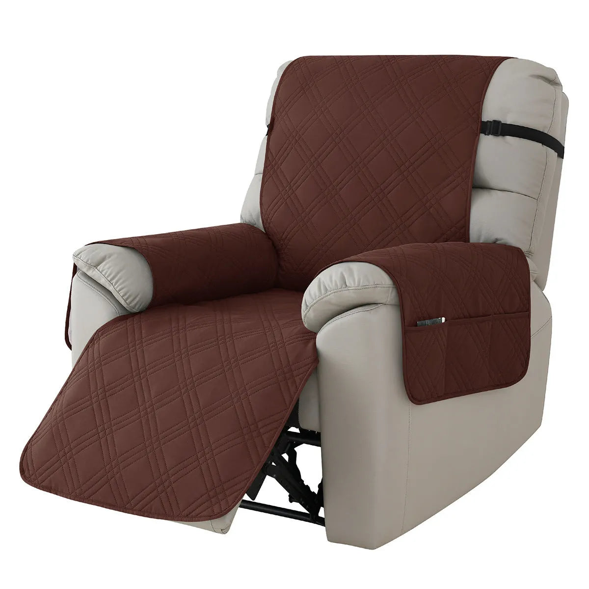 Quilted burgundy sofa cover on a Chivas massage chair