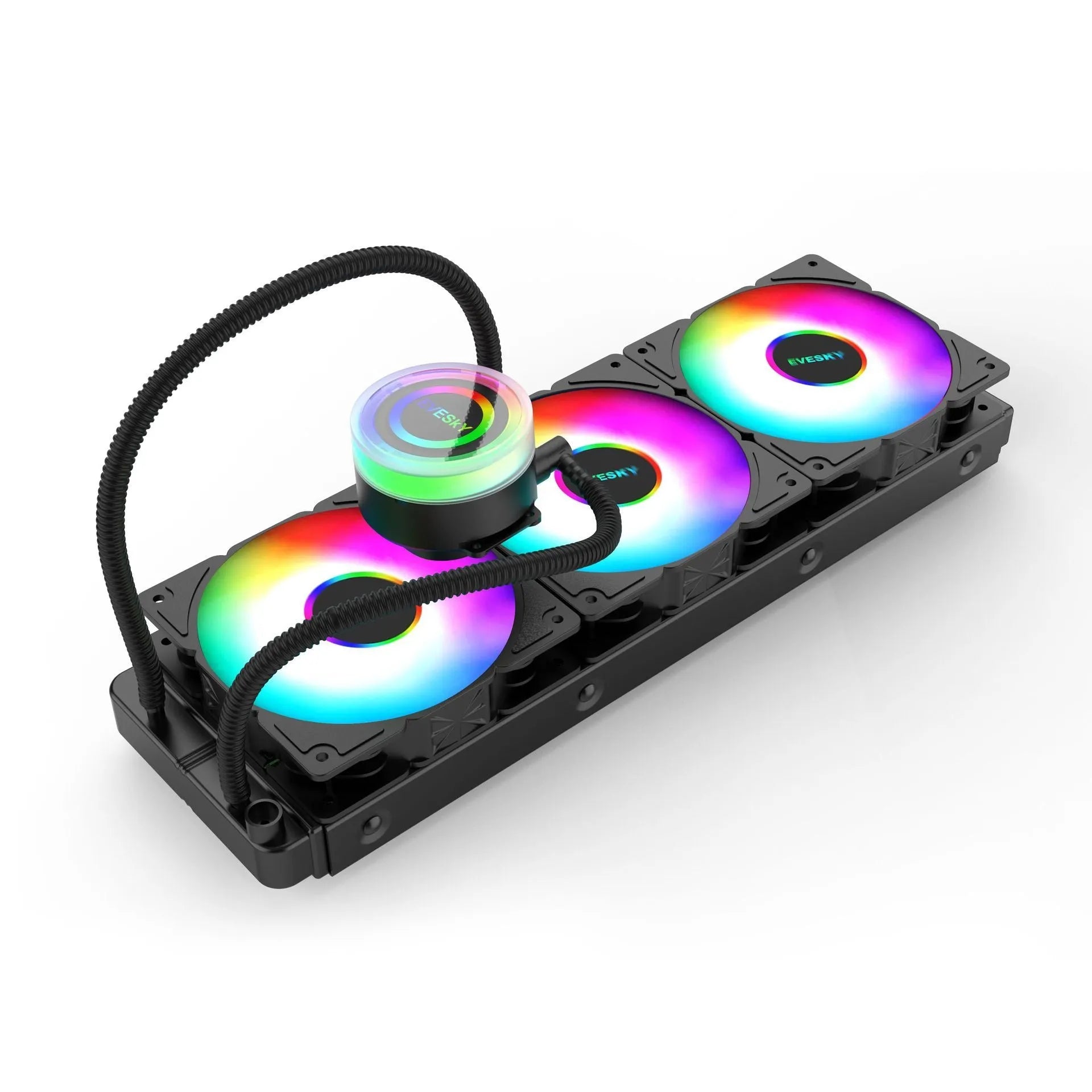 CPU liquid cooling radiator and fan with aluminium fins and optional RGB lighting.