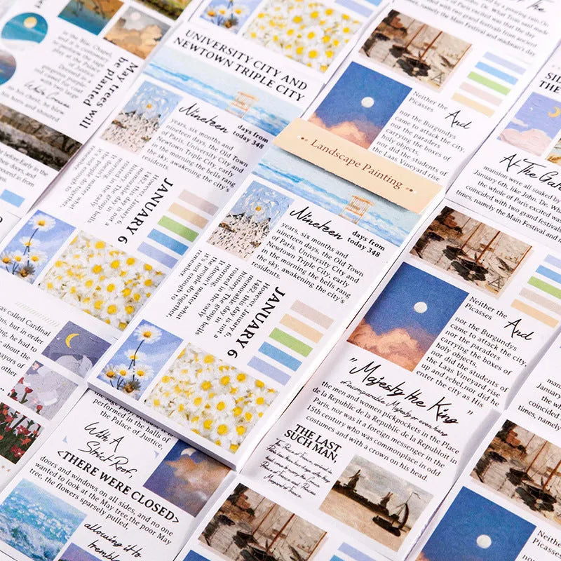 Paper sticker pack showing landscape painting designs with 60x120mm dimensions and eight colour variations