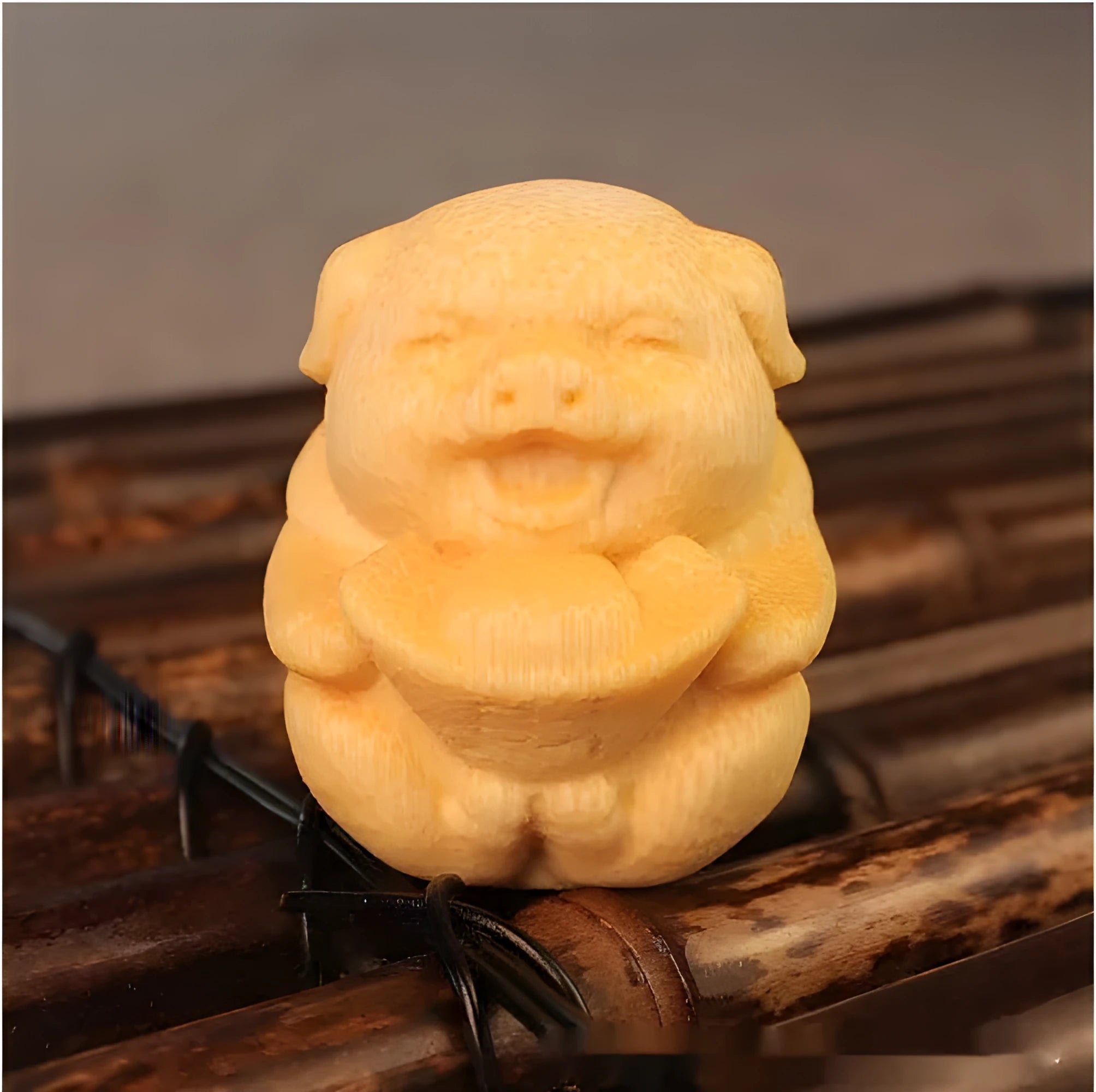 Solid bamboo carving ornament with cute pig ingot design measuring 4cm in height