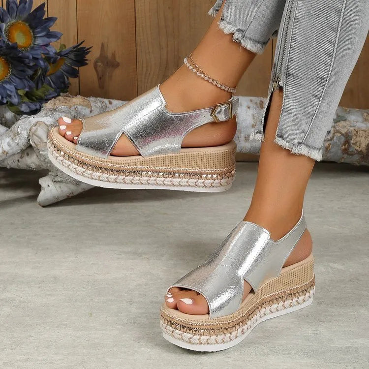 Women's Summer Shiny Sandals with Hollow Design Fish Mouth Toe and Fashion Buckle Wedges Heel in Gold or Silver Available in Sizes 36 to 43