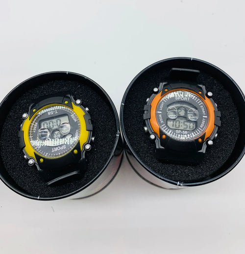 Children's digital sports watch with silicone strap and large face in mixed colours showing alarm and calendar functions
