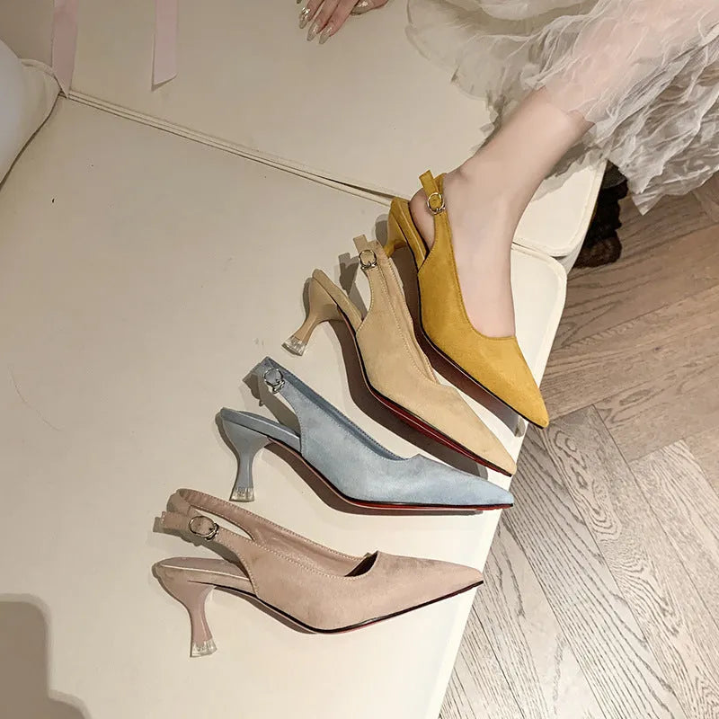 Women's apricot suede pointed-toe stiletto high heel shoe with a rubber sole