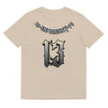 Grey loose fit cotton short sleeve T-shirt with a round neck on a hanger