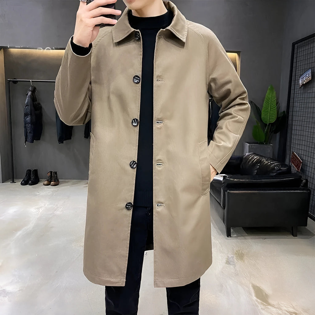 Men's mid-length loose trench coat in thin rabbit fur fabric showing casual styling