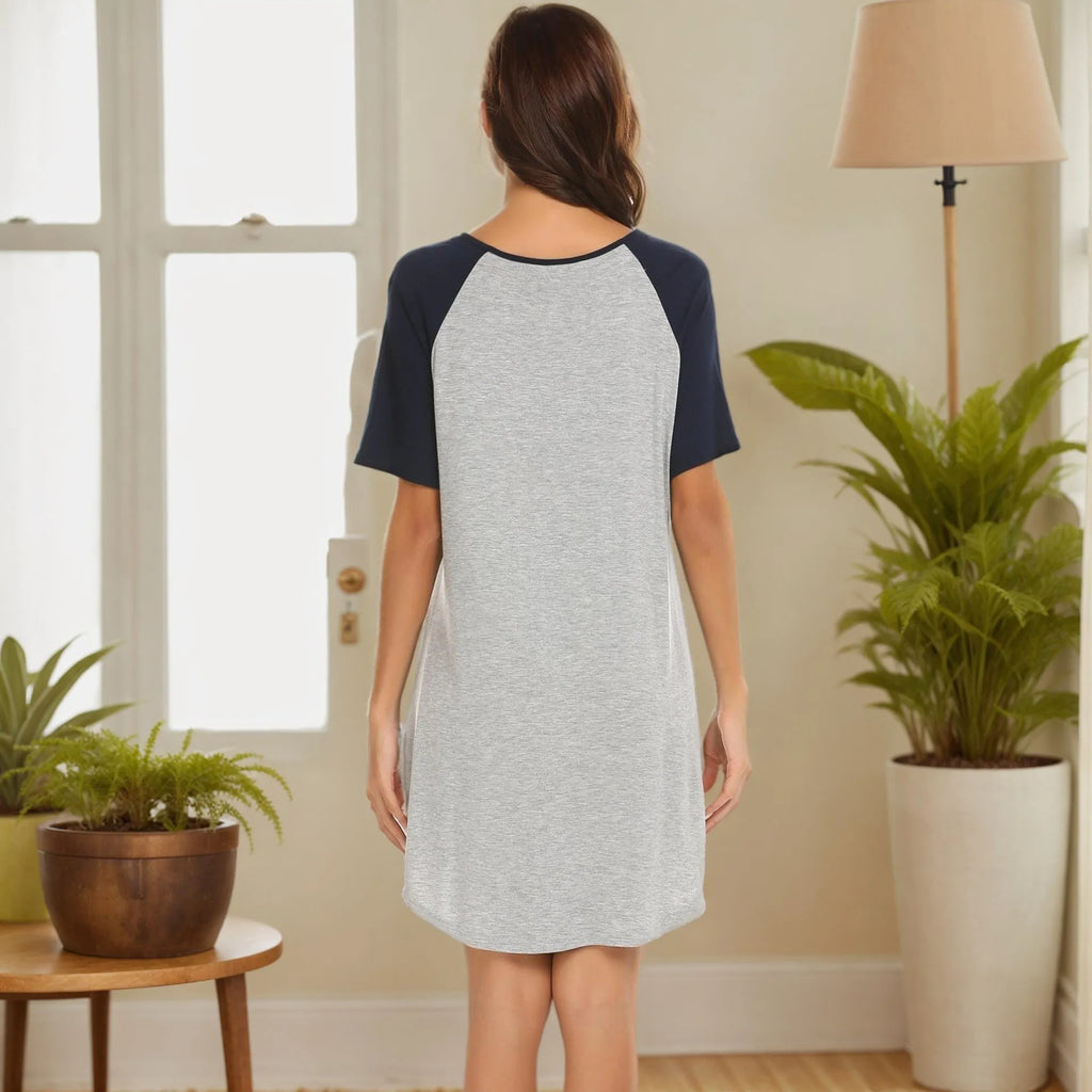 Women's colour contrast patchwork nightdress with double brushed milk silk fabric in navy blue and black sleeve options
