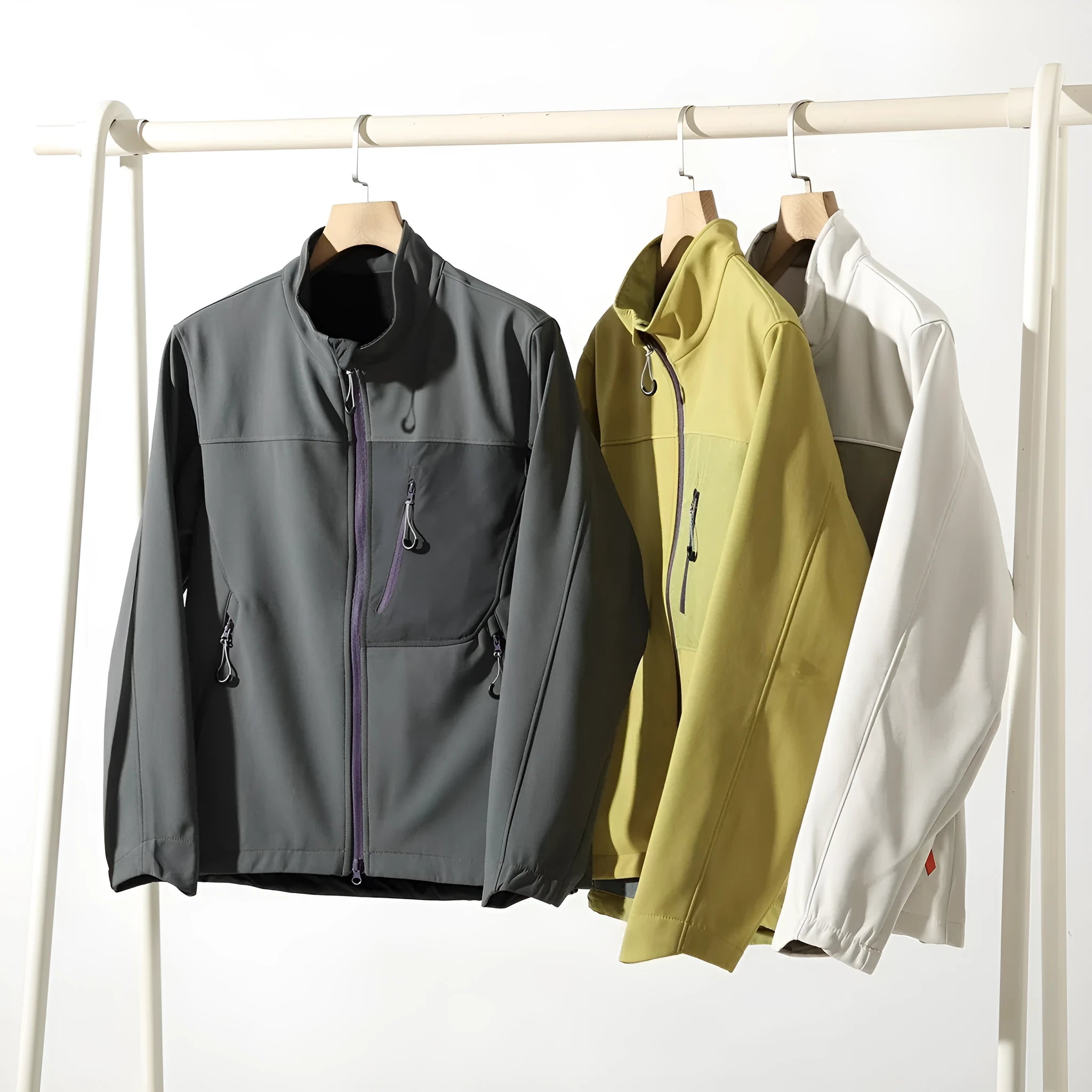 Men's retro stand-up collar coat with contrast colour patchwork, zipper pockets, in Misty White, Olive Yellow, and Rock Gray