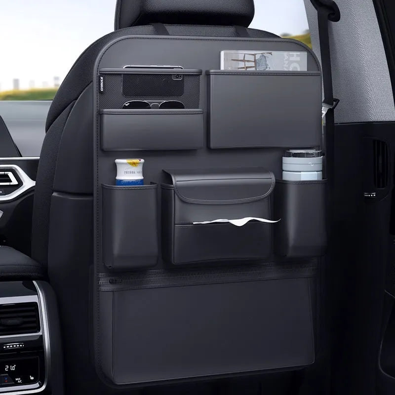 Black leather car seat back storage hanging bag with handle for baby buggy organisation