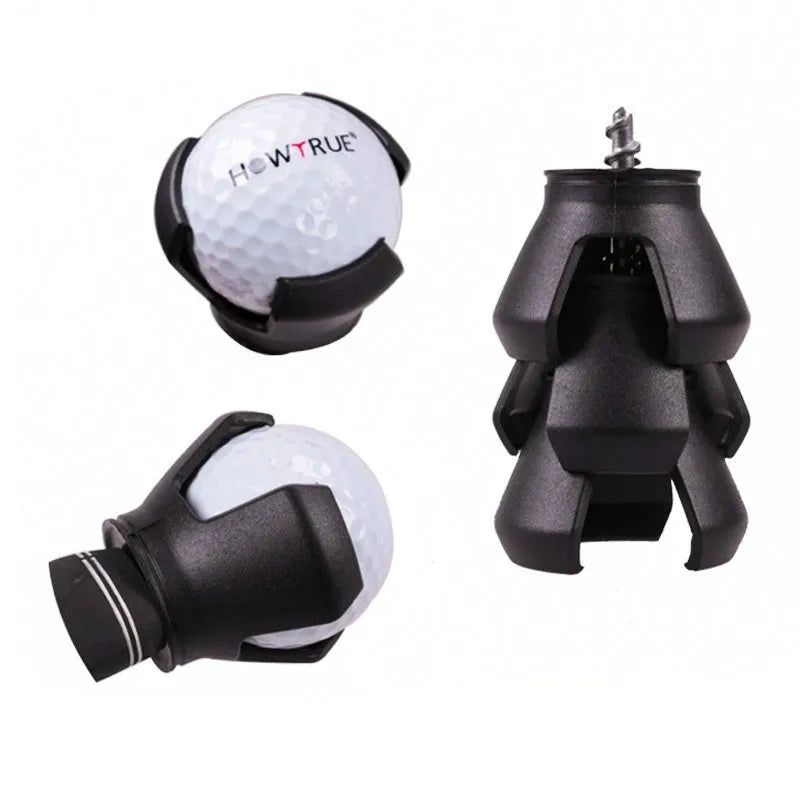 Black golf ball picking device with clip attachment showing putter-compatible seat design