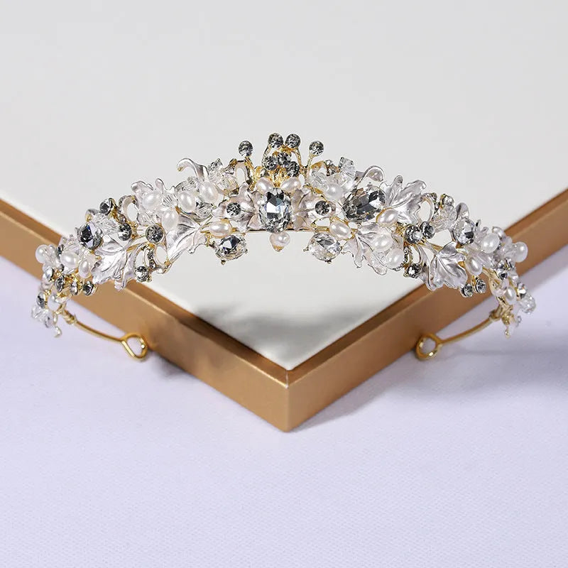 Alloy pearl crown headdress with electroplated finish in gold or silver colour