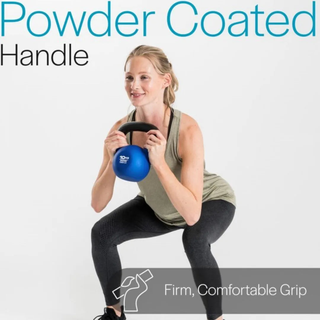 A blue cast iron dumbbell shaped like a teapot, showing its 10 kg weight and solid construction.