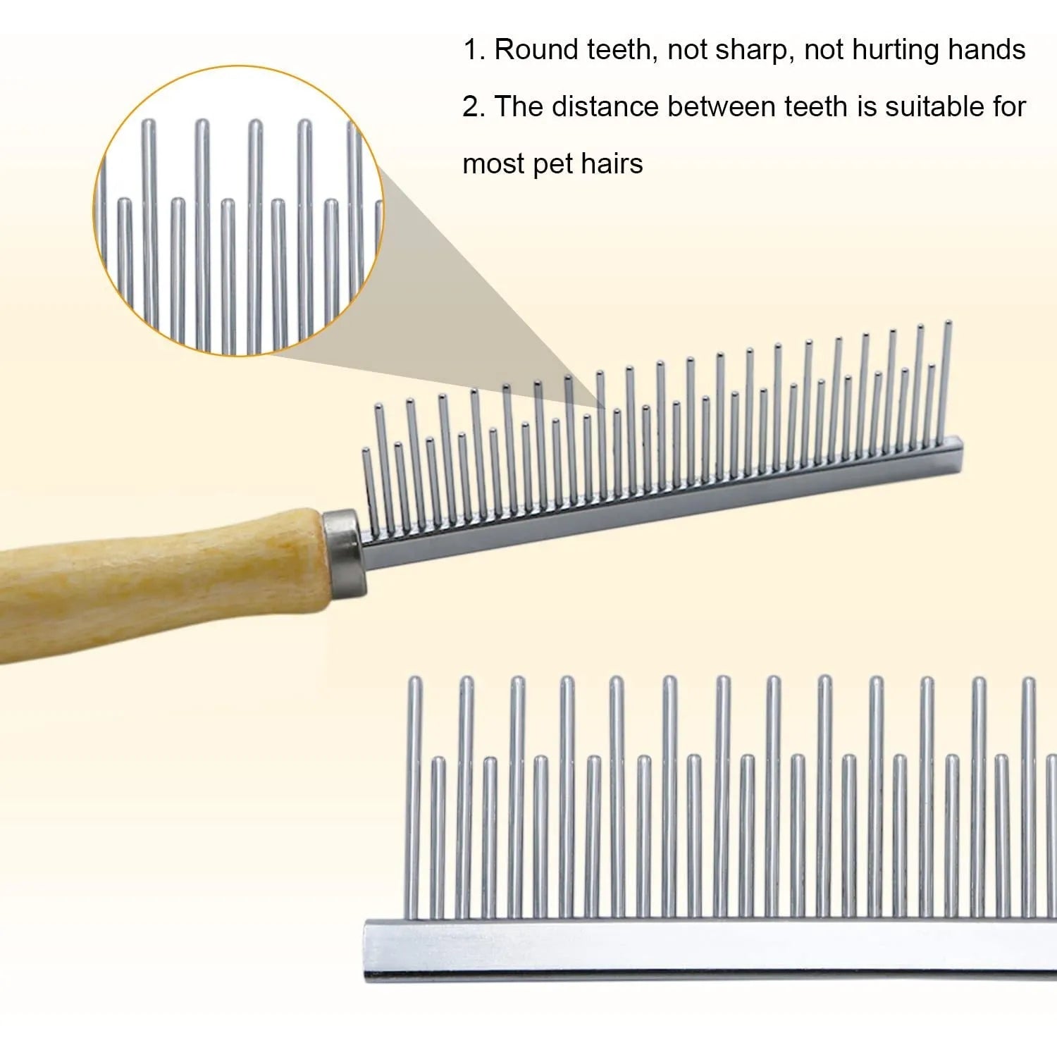 Wooden handle pet grooming comb for dogs and cats on a plain background.