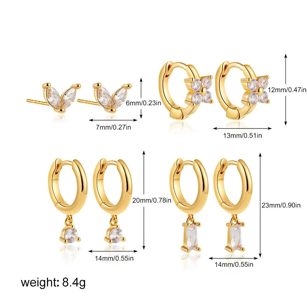 Copper geometric square earrings with zircon accents in gold or silver electroplated finishes