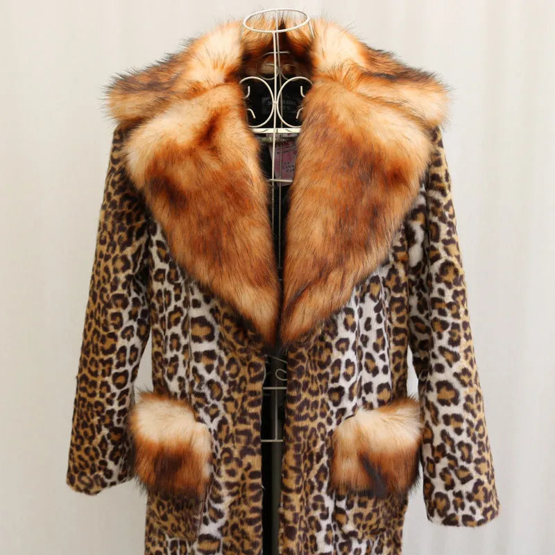 Women's long leopard print artificial fur jacket with regular sleeves and street fashion styling