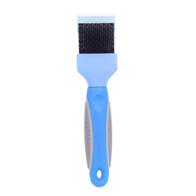 Double-sided pet brush with stainless steel pins and blue ergonomic handle for dog and cat grooming