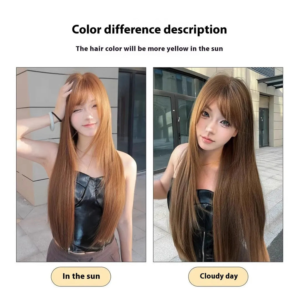 Warm brown long straight synthetic wig with bangs made from high temperature fibre