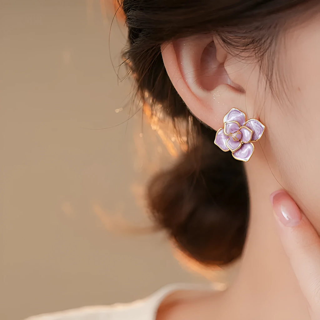 Purple oil-spot glaze gold-plated copper flower stud earrings with silver needle detail