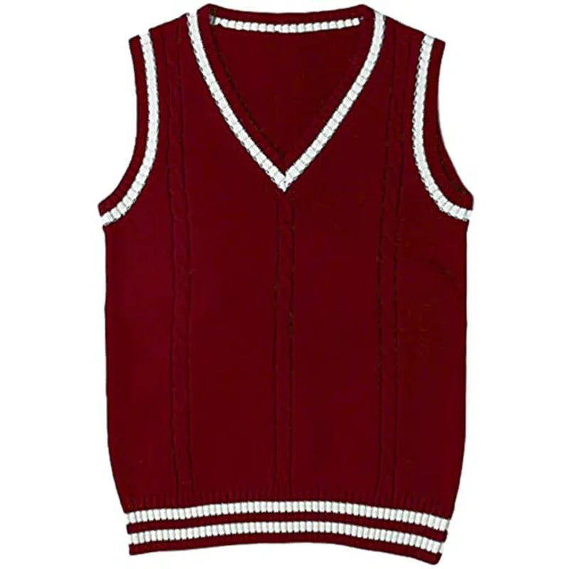 Women's slim fit V-neck acrylic waistcoat sweater with striped stitching in wine red.
