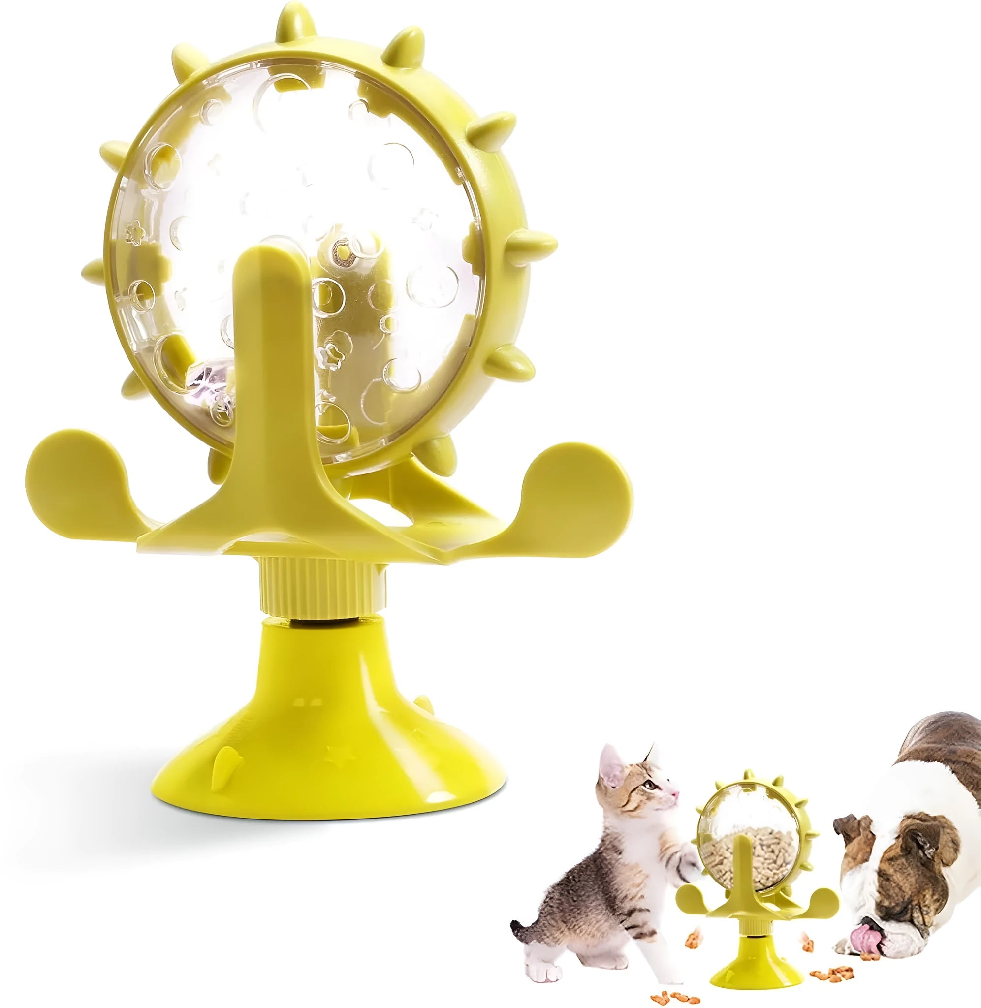 Interactive pet spinner toy with rotating feeder in blue, green, red, or yellow with suction cup base