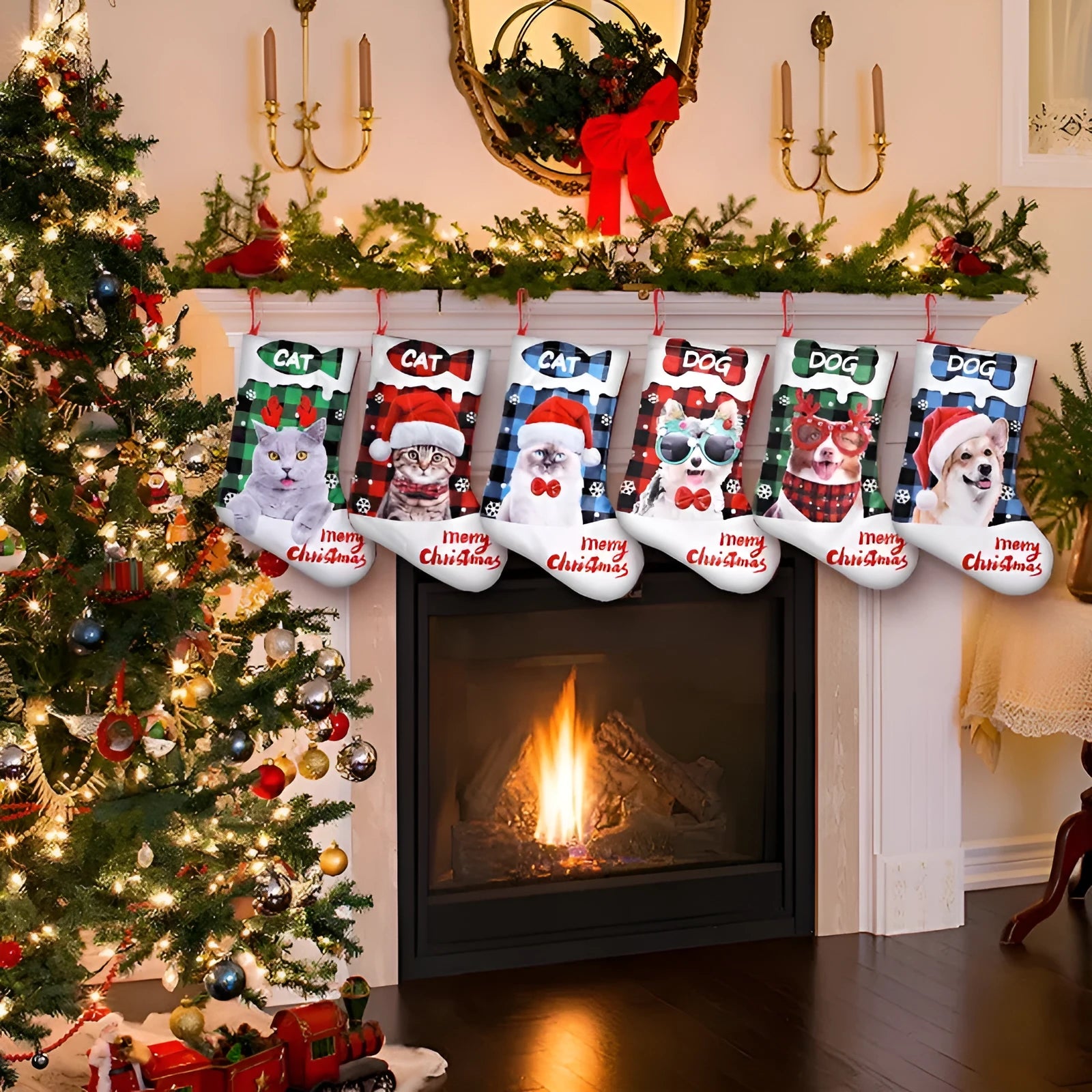 Green and black plaid cat design cloth Christmas decoration measuring 26 by 36 centimetres