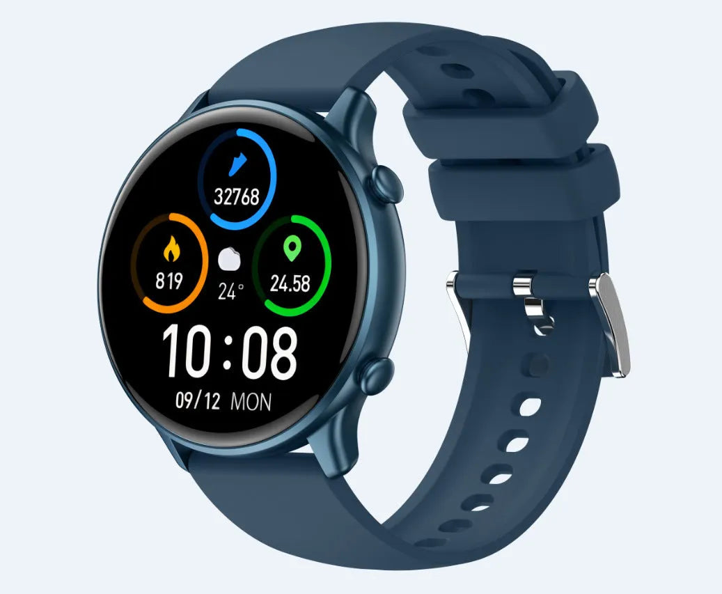 Round smart sports watch with touch screen and silicone strap showing heart rate monitoring display