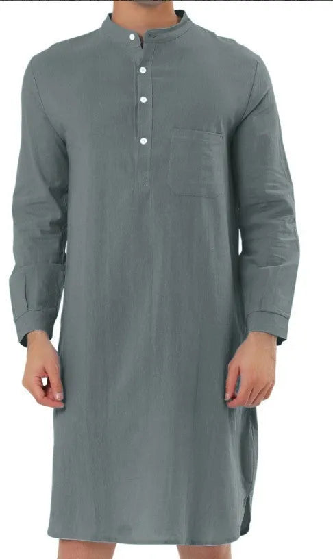 Men's cotton shirt robe in light blue with simple chest pocket, shown with relaxed fit for home wear