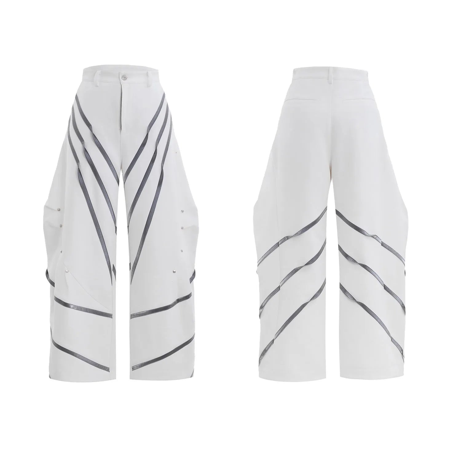Men's trousers with metal striped rivet pleated design showing three-dimensional cutting detail