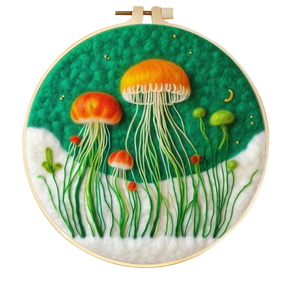 Round linen embroidery kit with wool felt pieces for 3D flowers and leaves, includes a free frame.