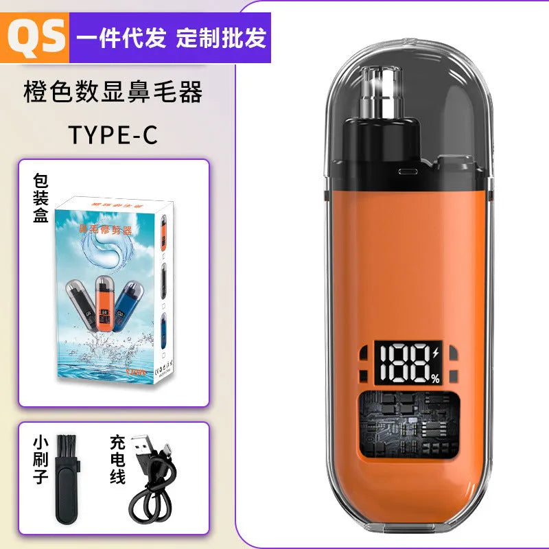 Rechargeable nose hair trimmer with digital display and removable stainless steel cutter head