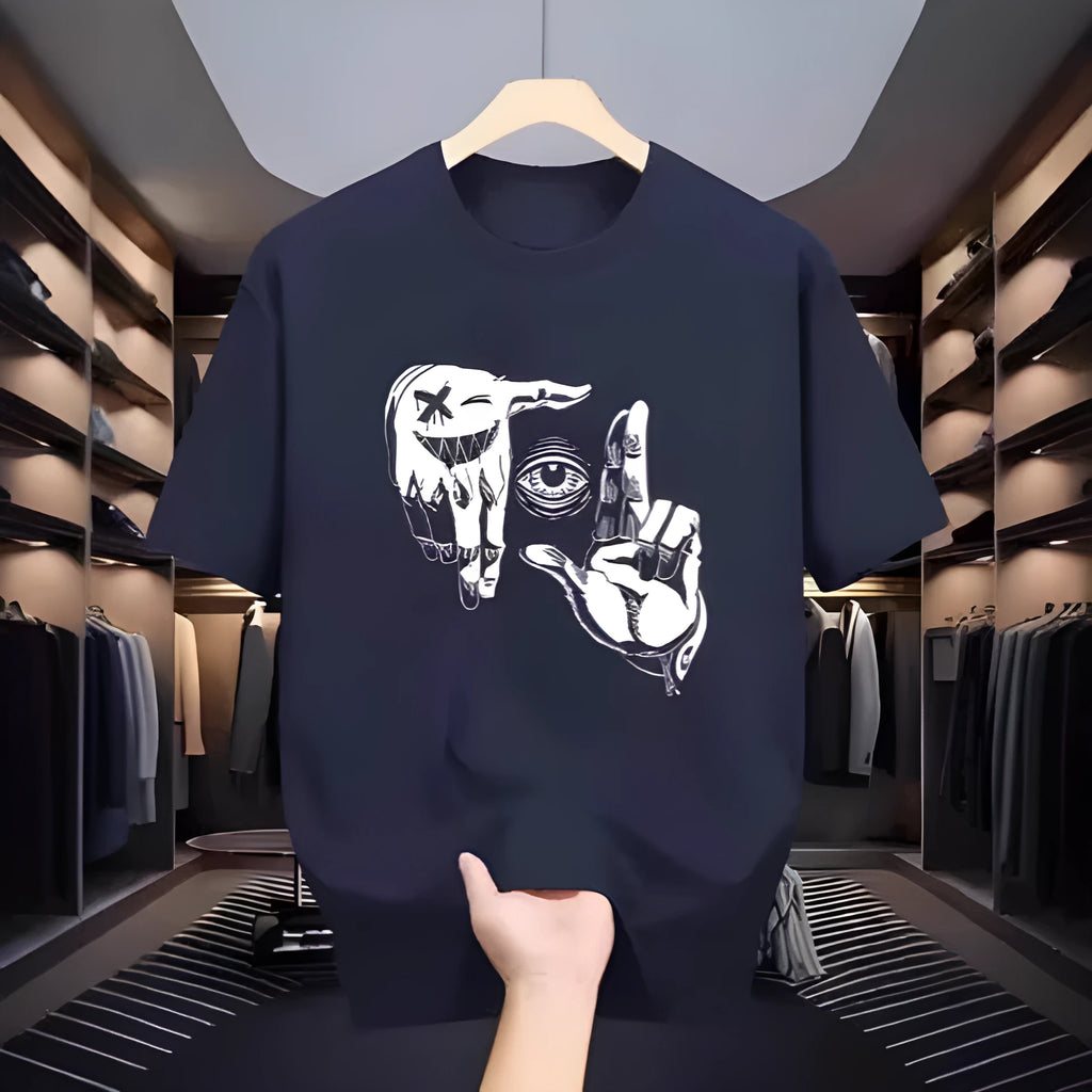 Men's mesh t-shirt with cartoon print design in multiple colour options showing round neck and short sleeves