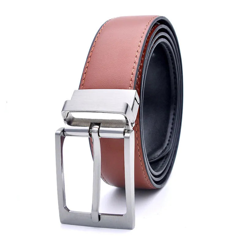 Men's dark brown and black genuine leather belt with a rotating alloy pin buckle