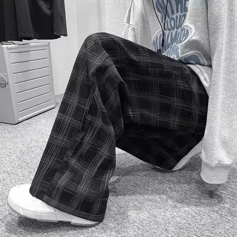 Japanese retro loose plaid trousers in black and green colours with straight-leg design