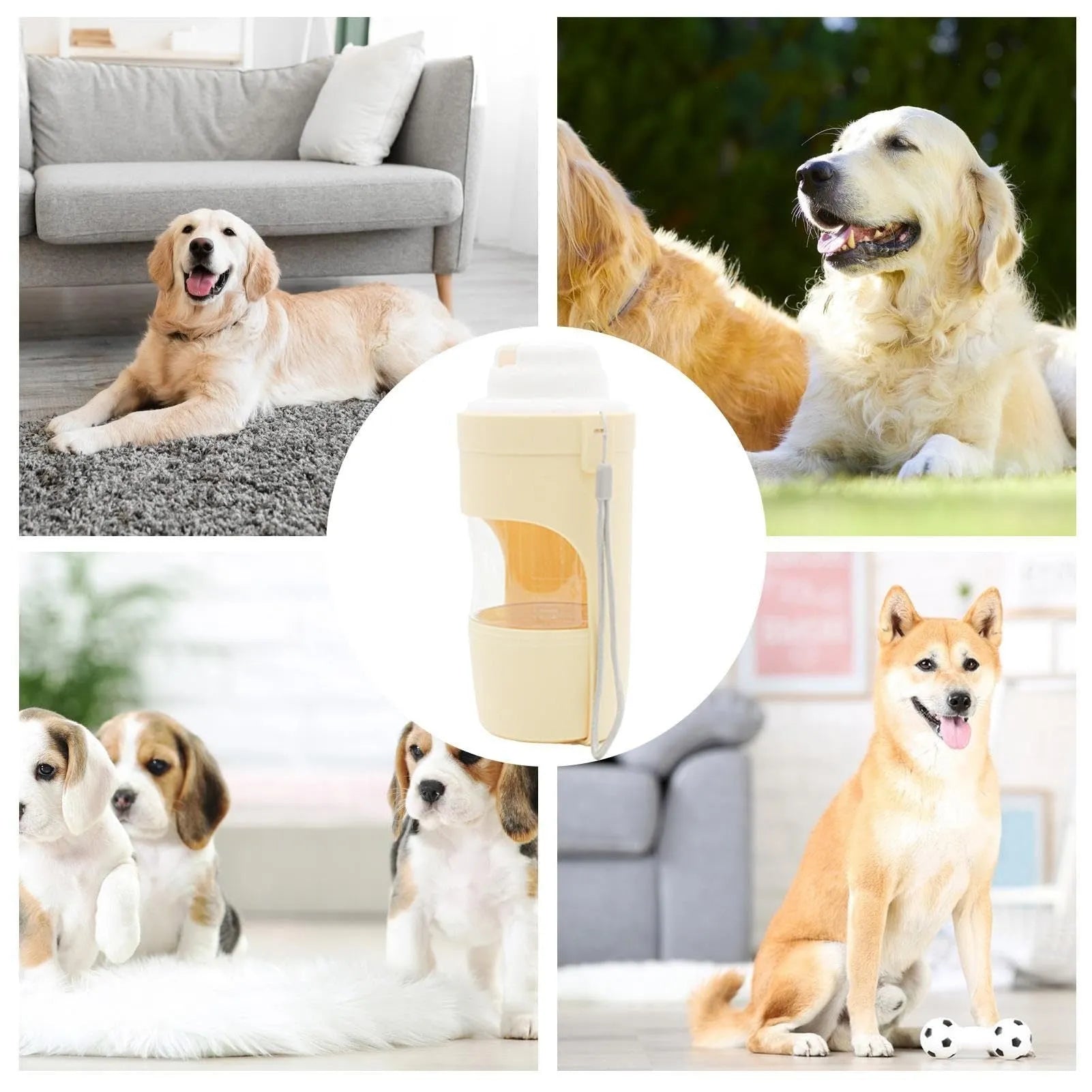 Portable pet water bottle feeder with lanyard showing grey colour option and drinking cup