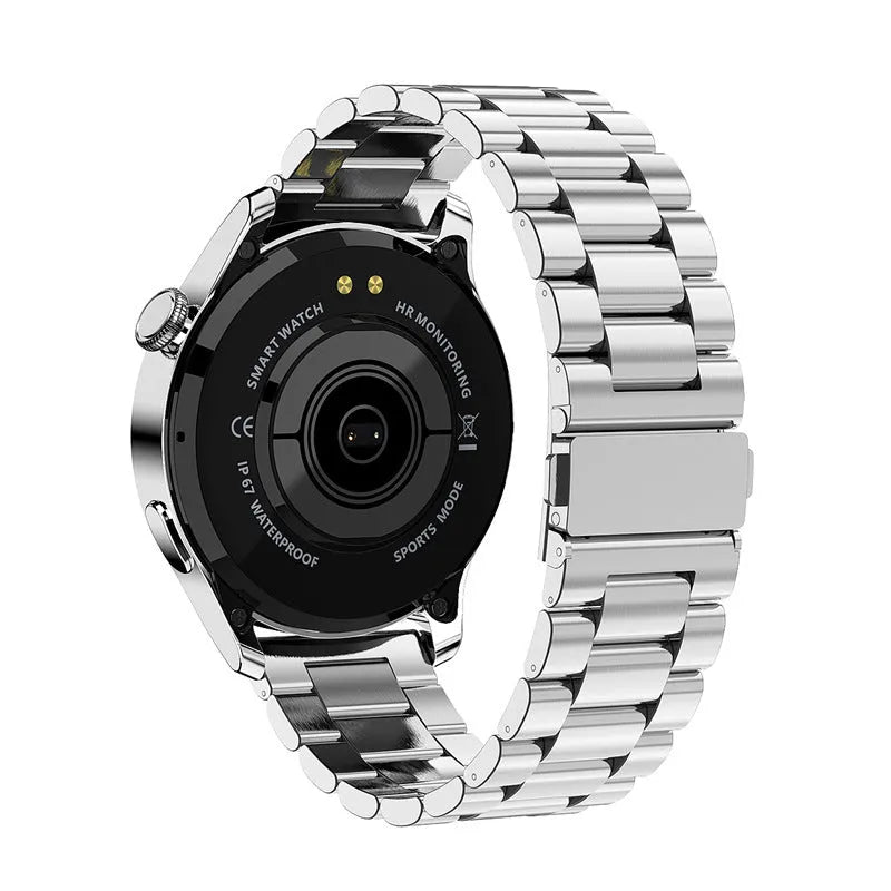 Round screen smartwatch with silicone strap showing heart rate and call functions on display.