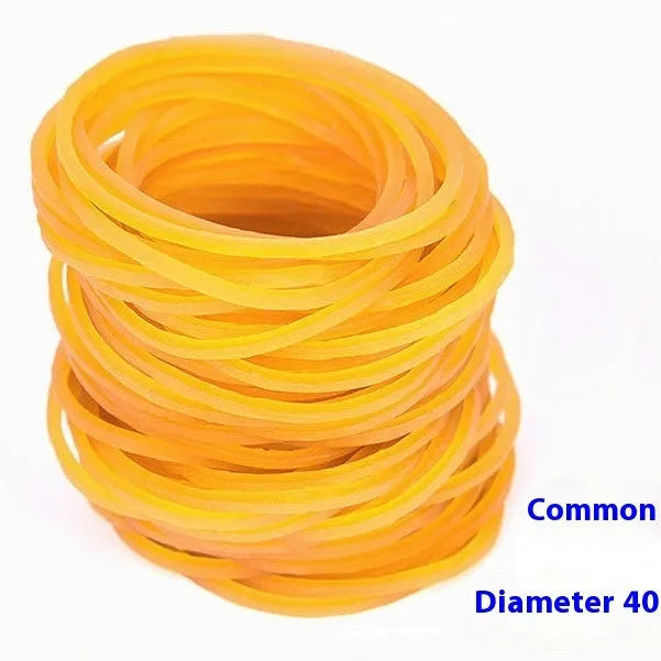 500g pack of assorted yellow rubber bands showing sizes from 16mm to 70mm diameter.