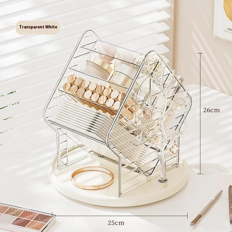 360-degree rotating cosmetics storage box in clear or amber gold plastic with light luxury style