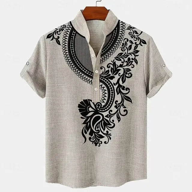 Men's loose fit casual shirt with stripe pattern in polyester fabric showing colour and sizing options