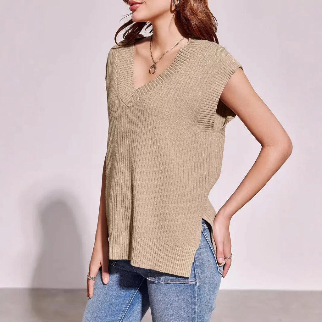V-neck sleeveless pullover vest in camel or white viscose fibre with loose fit