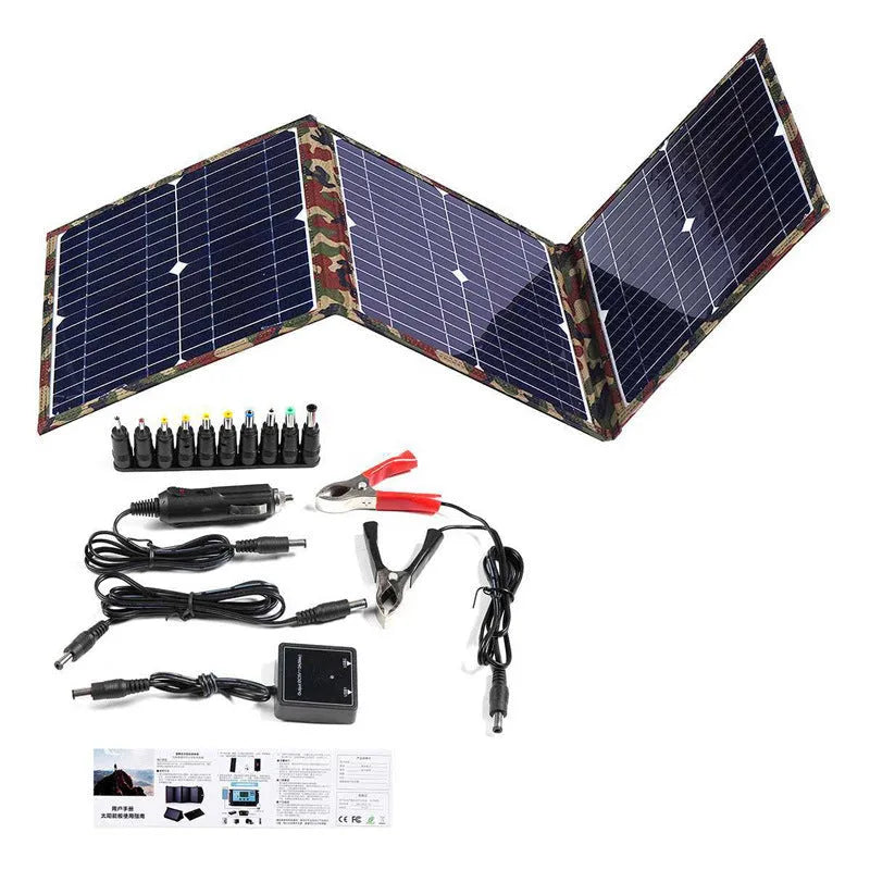 36W black foldable solar panel with charging accessories including car charger and cables