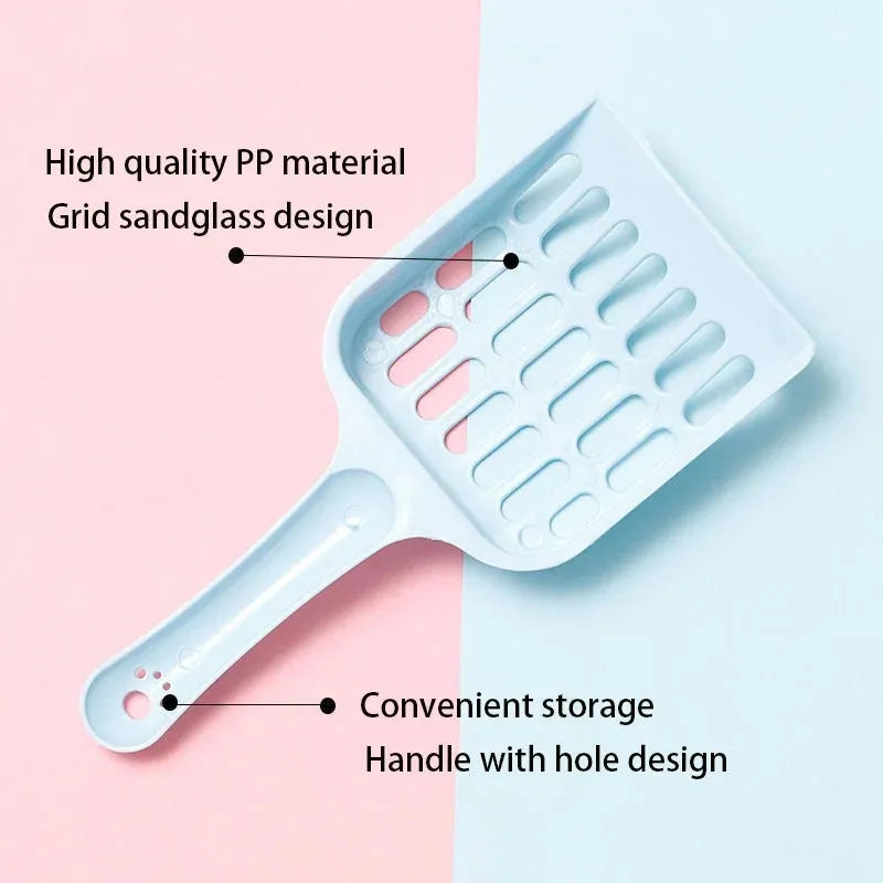 Blue plastic cat litter scoop showing 20cm length and built-in sand shovel.