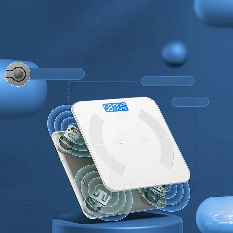 Smart Bluetooth body fat scale in white, black or pink with USB charging for weight, body fat, moisture and calorie measurement