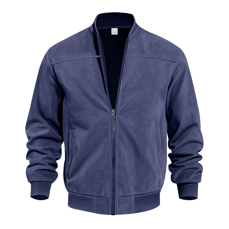 Men's plus size suede zipper jacket in army green with cotton lining, shown in regular fit.