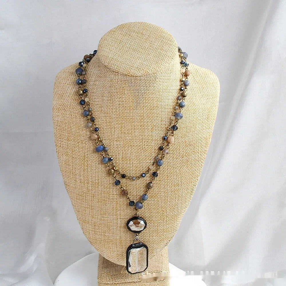 Retro tribal style 2-layer necklace with natural stone and glass pendants in beige or blue colour