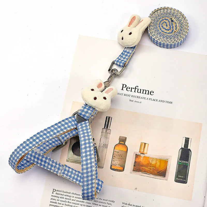 Small dog harness and leash set in blue with quick-release buckles and anti-pull design