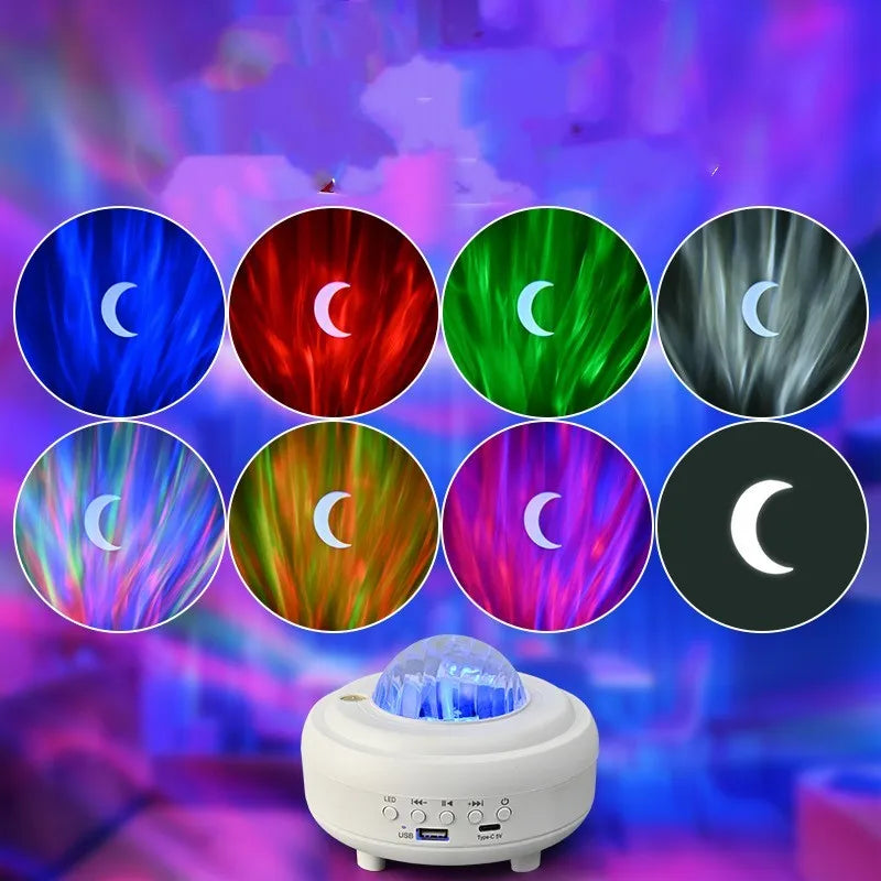 White Bluetooth star projector night light displaying starry sky projection patterns on ceiling