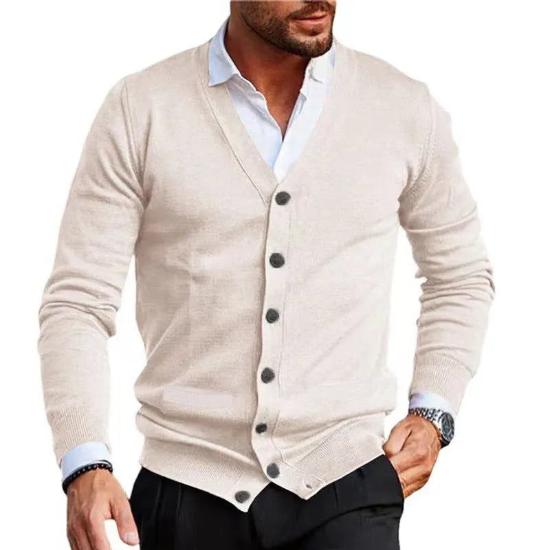 Men's slim fit acrylic cardigan sweater in a selection of colours including creamy-white, grey, black, wine red, and dark green.