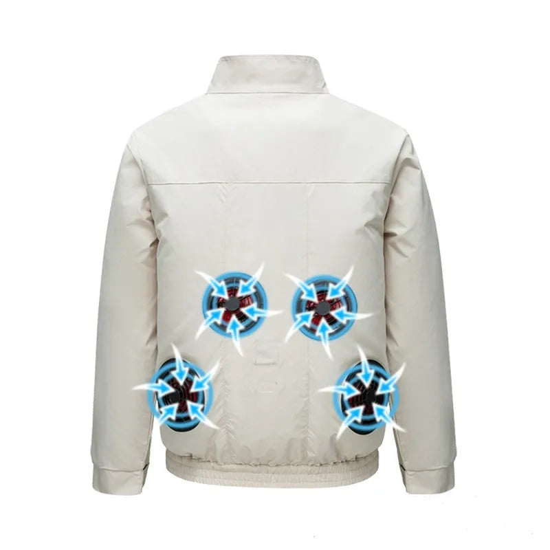 Smart air conditioning outdoor work jacket with cooling fan in black or white with ventilation holes